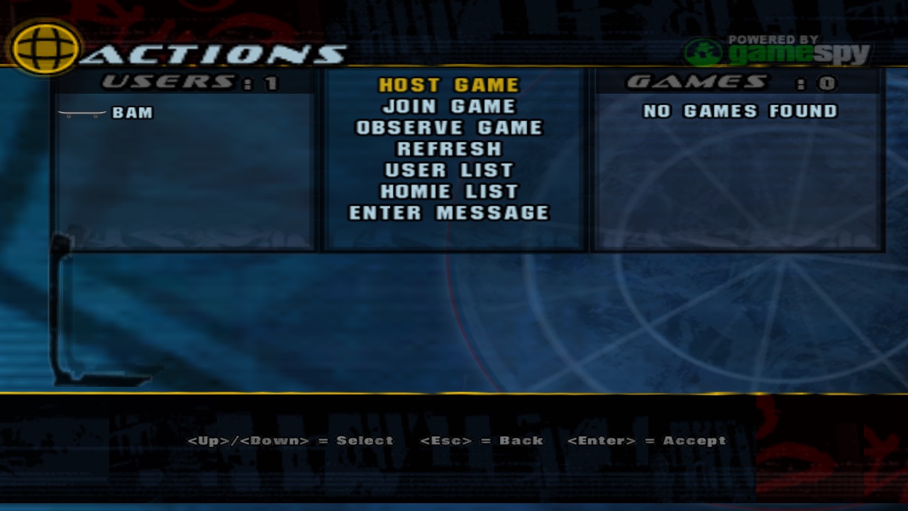The THUG Online lobby: players, actions and hosted games